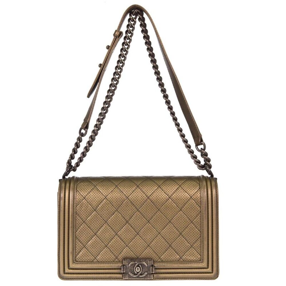 Chanel Boy Flap Quilted Perforated Lambskin Gold Leather Handbag
